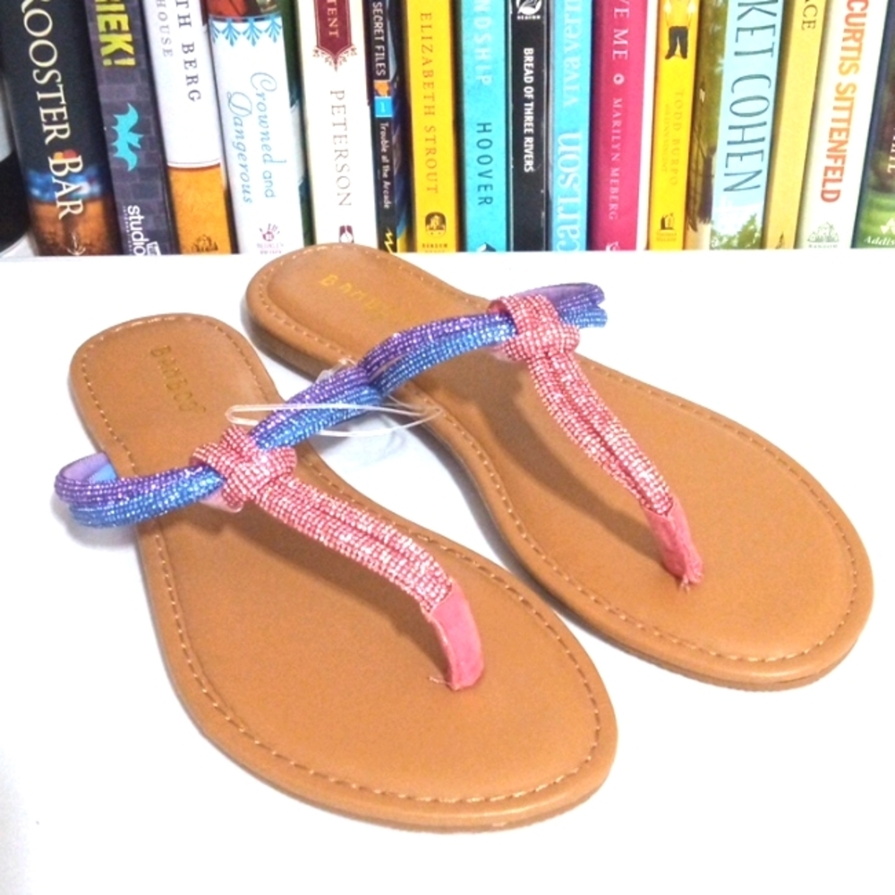 BAMBOO RHINESTONE THONG SANDALS PINK BLUE PURPLE STRAPPY FLATS SIZE 7.5 NWT
